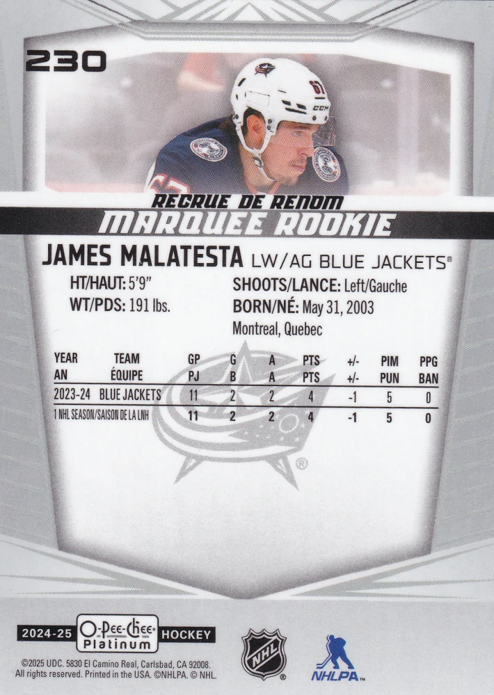 2024-25 UD O-Pee-Chee Platinum - James Malatesta - Marquee Rookie #230