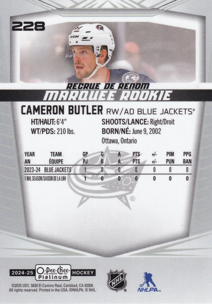 2024-25 UD O-Pee-Chee Platinum - Cameron Butler - Marquee Rookie #228