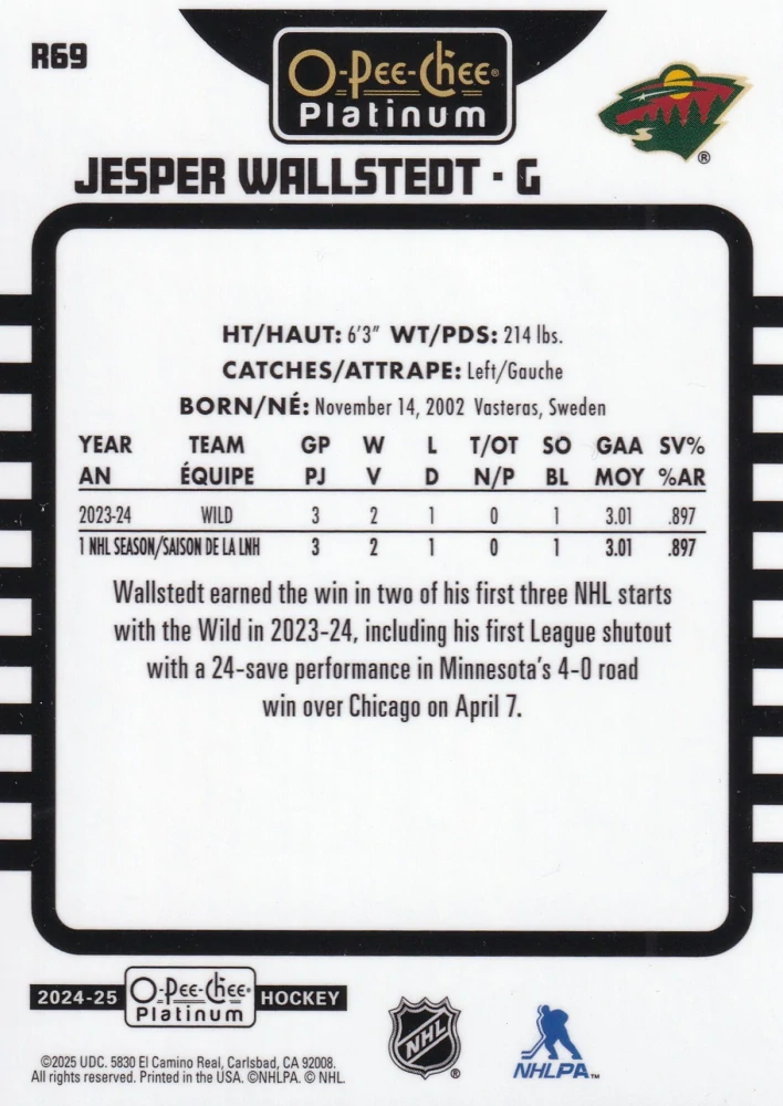 2024-25 UD O-Pee-Chee Platinum - Jesper Wallstedt - Retro #R69