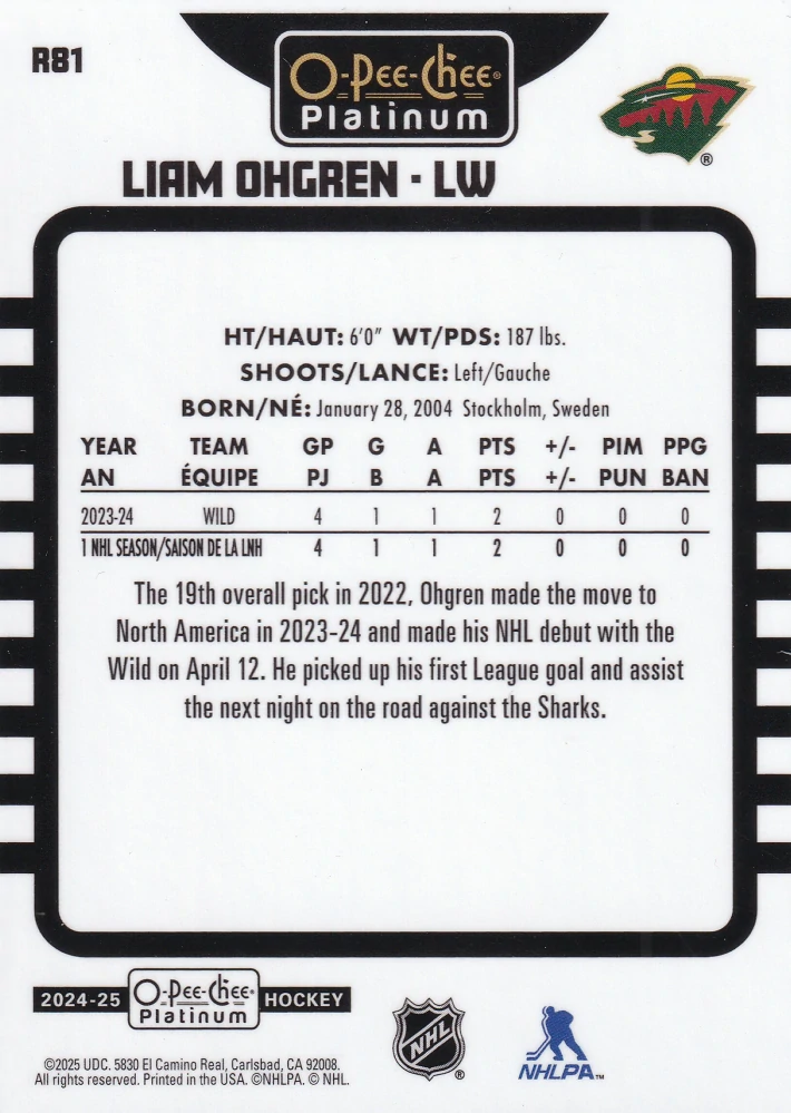 2024-25 UD O-Pee-Chee Platinum - Liam Ohgren - Retro #R81