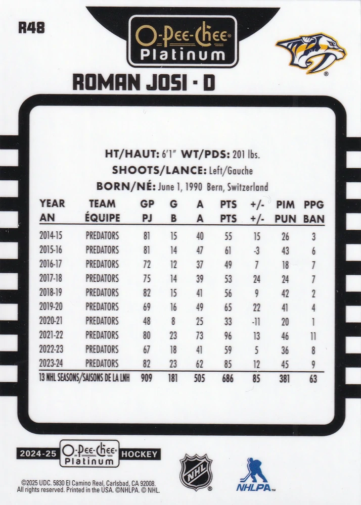 2024-25 UD O-Pee-Chee Platinum - Roman Josi - Retro #R48