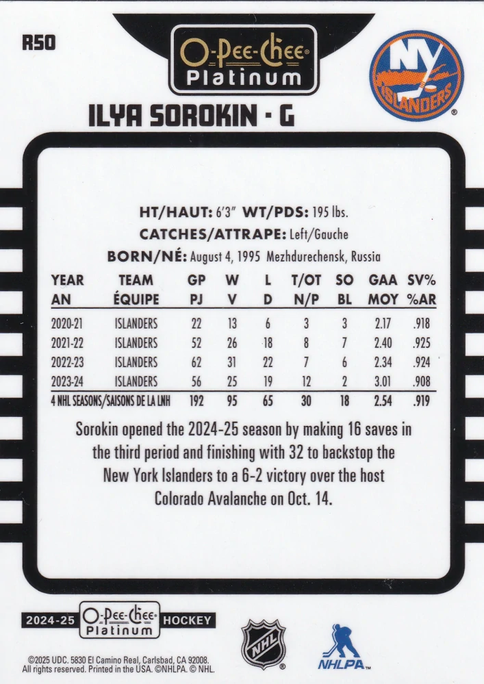 2024-25 UD O-Pee-Chee Platinum - Ilya Sorokin - Retro #R50