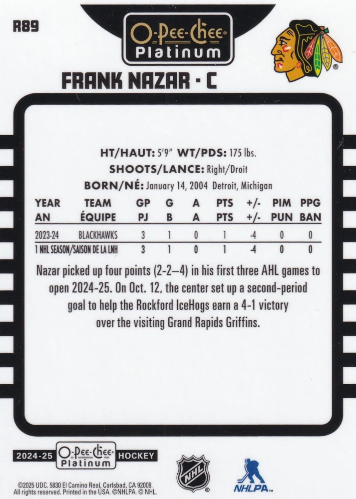 2024-25 UD O-Pee-Chee Platinum - Frank Nazar - Retro #R89