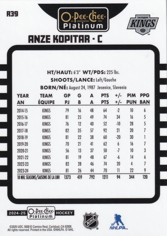 2024-25 UD O-Pee-Chee Platinum - Anze Kopitar - Retro #R39