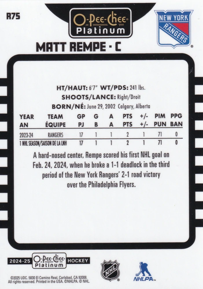 2024-25 UD O-Pee-Chee Platinum - Matt Rempe - Retro #R75