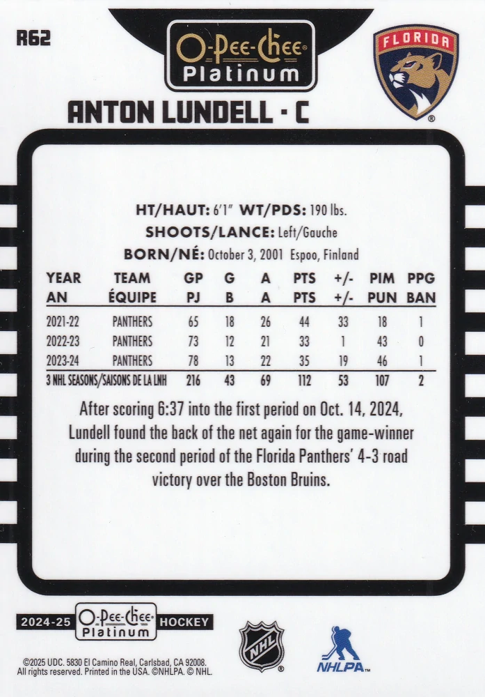 2024-25 UD O-Pee-Chee Platinum - Anton Lundell - Retro #R62