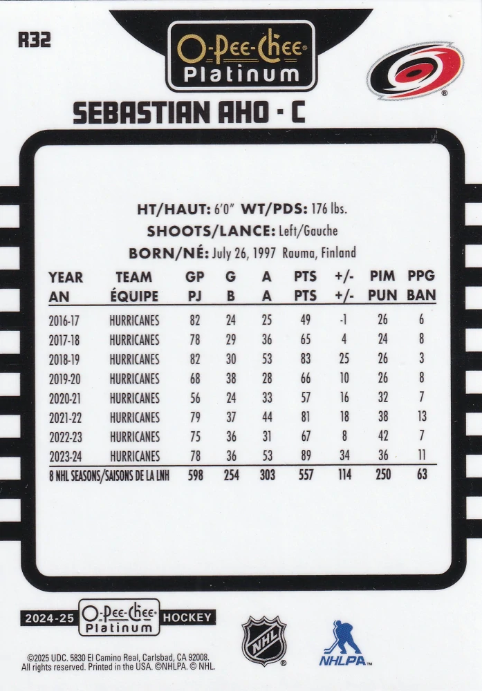 2024-25 UD O-Pee-Chee Platinum - Sebastian Aho - Retro #R32