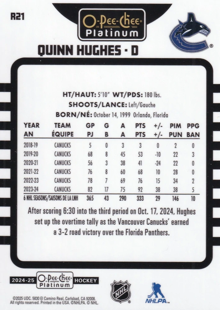 2024-25 UD O-Pee-Chee Platinum - Quinn Hughes - Retro #R21