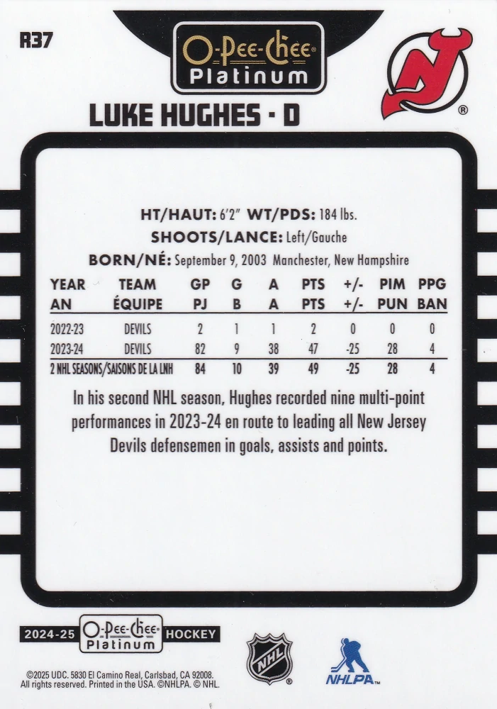 2024-25 UD O-Pee-Chee Platinum - Luke Hughes - Retro #R37