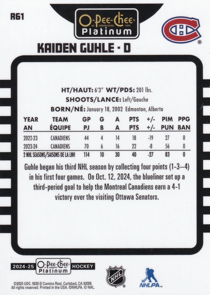 2024-25 UD O-Pee-Chee Platinum - Kaiden Guhle - Retro #R61