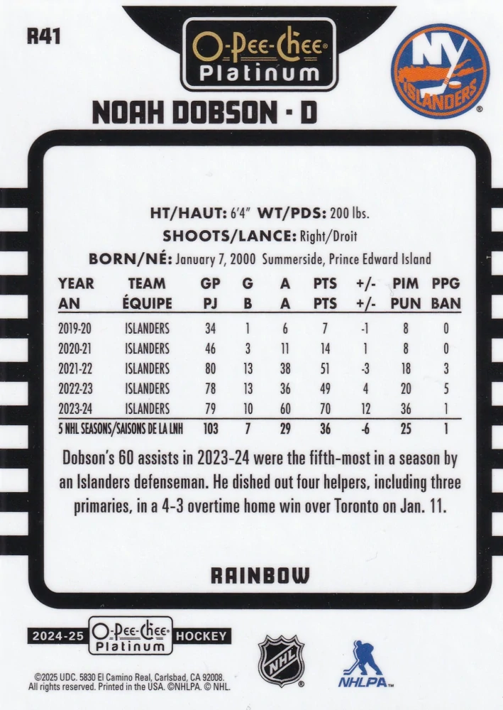 2024-25 UD O-Pee-Chee Platinum - Noah Dobson - Retro Rainbow #R41