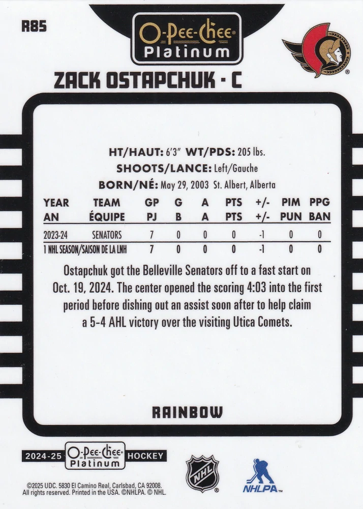2024-25 UD O-Pee-Chee Platinum - Zach Ostapchuk - Retro Rainbow #R85