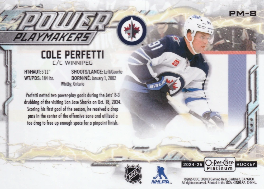 2024-25 UD O-Pee-Chee Platinum - Cole Perfetti - Power Playmakers #PM-8