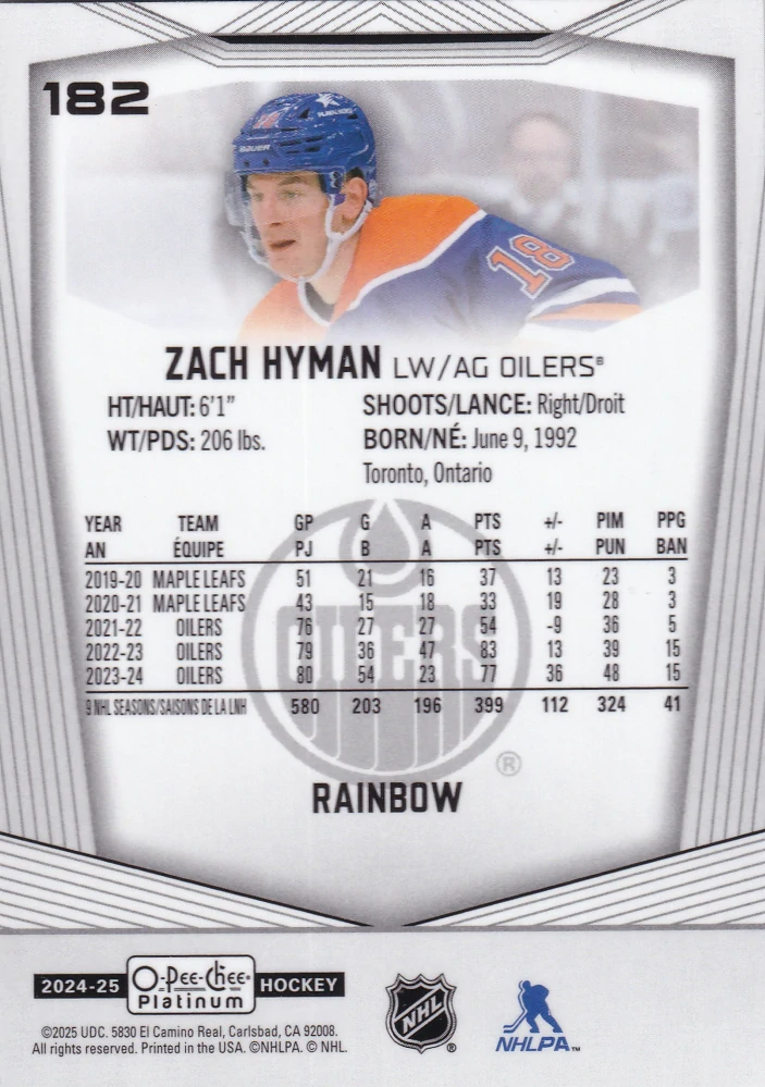 2024-25 UD O-Pee-Chee Platinum - Zach Hyman - Rainbow #182