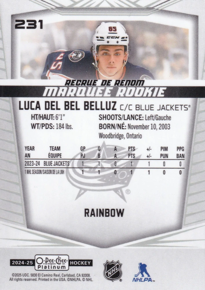 2024-25 UD O-Pee-Chee Platinum - Luca Del Bel Belluz - Marquee Rookie Rainbow #231