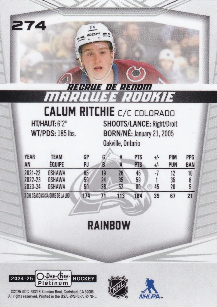 2024-25 UD O-Pee-Chee Platinum - Calum Ritchie - Marquee Rookie Rainbow #274