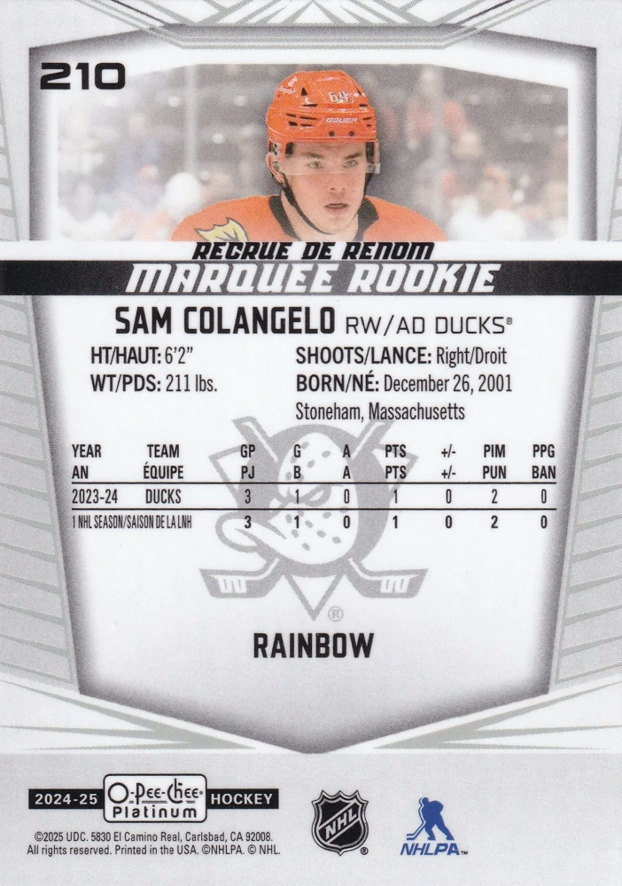 2024-25 UD O-Pee-Chee Platinum - Sam Colangelo - Marquee Rookie Rainbow #210