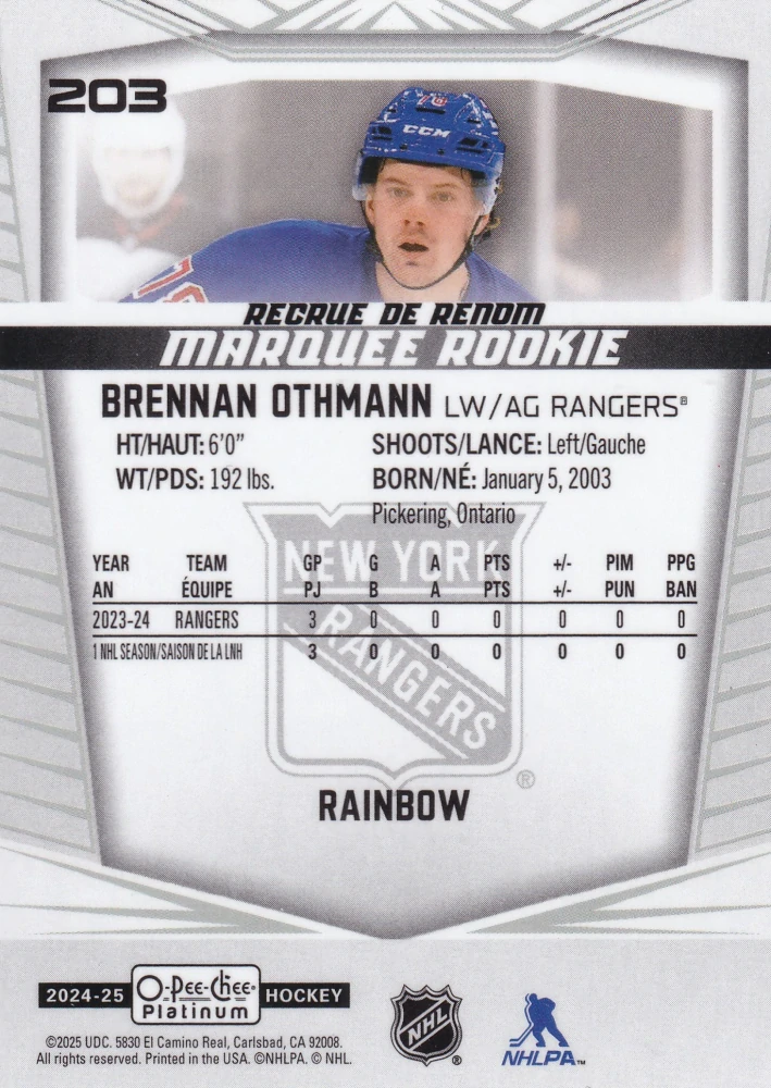 2024-25 UD O-Pee-Chee Platinum - Brennan Othmann - Marquee Rookie Rainbow #203