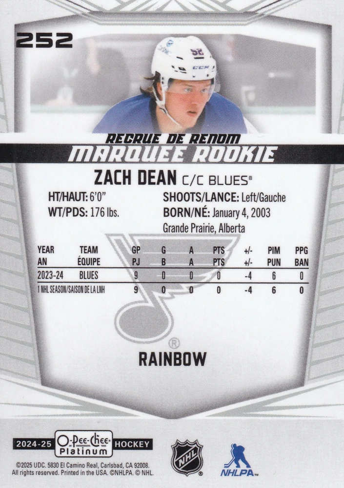 2024-25 UD O-Pee-Chee Platinum - Zach Dean - Marquee Rookie Rainbow #252