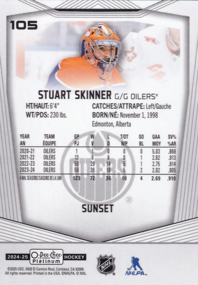 2024-25 UD O-Pee-Chee Platinum - Stuart Skinner - Sunset #105