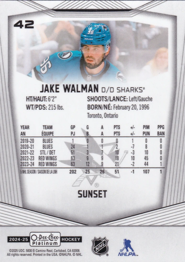 2024-25 UD O-Pee-Chee Platinum - Jake Walman - Sunset #42