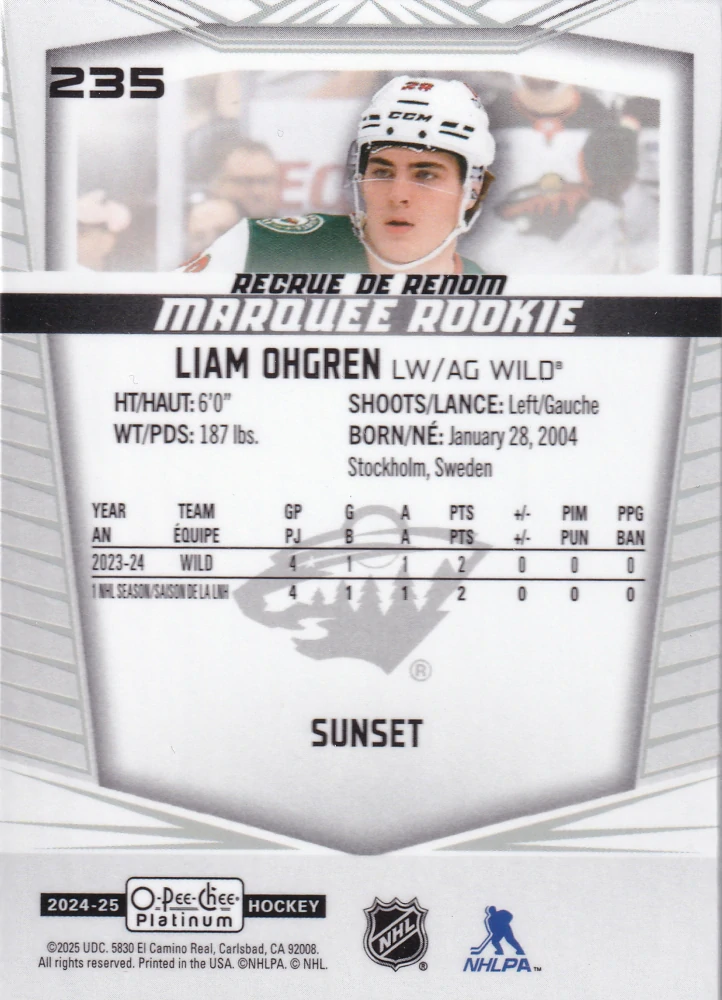 2024-25 UD O-Pee-Chee Platinum - Liam Ohgren - Marquee Rookie Sunset #235