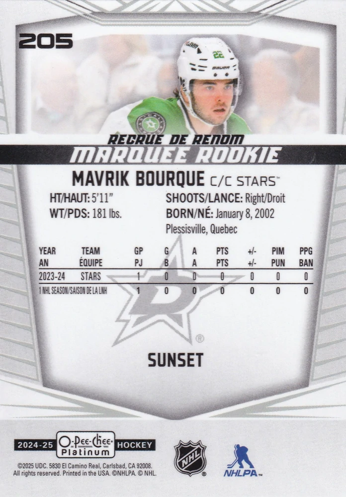 2024-25 UD O-Pee-Chee Platinum - Mavrik Bourque - Marquee Rookie Sunset #205
