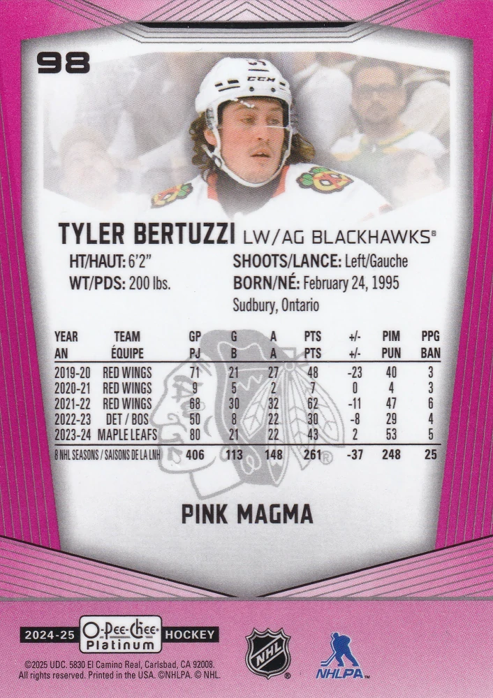 2024-25 UD O-Pee-Chee Platinum - Tyler Bertuzzi - Pink Magma #98
