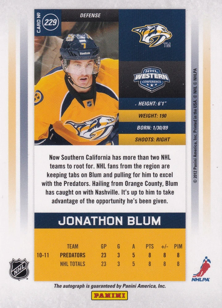 2011-12 Panini Contenders - Jonathon Blum - Calder Contenders /800 #229