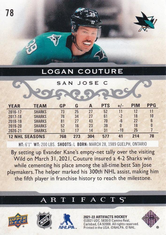 2021-22 UD Artifacts - Logan Couture #78