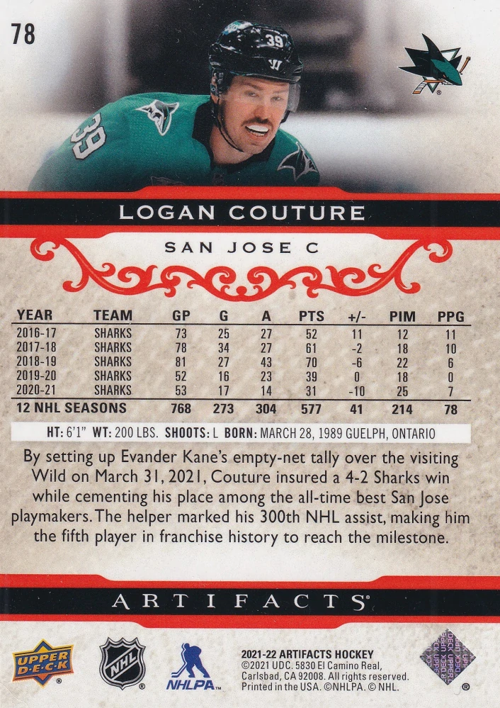 2021-22 UD Artifacts - Logan Couture - Ruby /499 #78