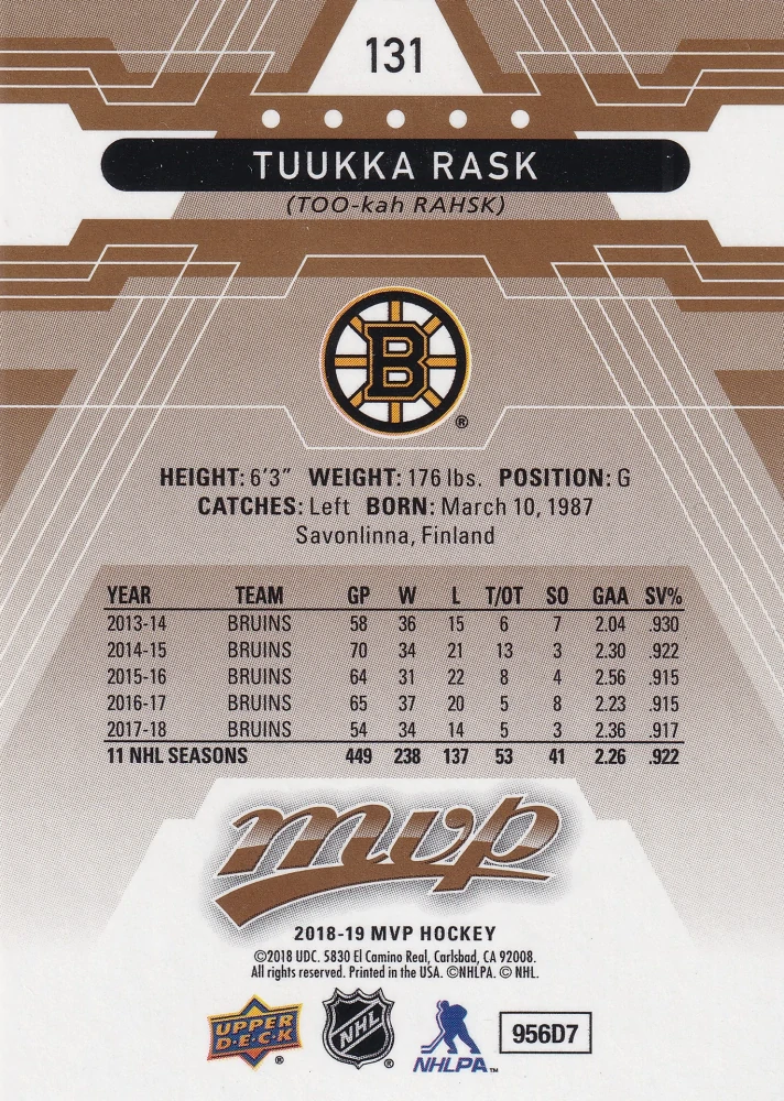 2018-19 UD MVP - Tuukka Rask #131