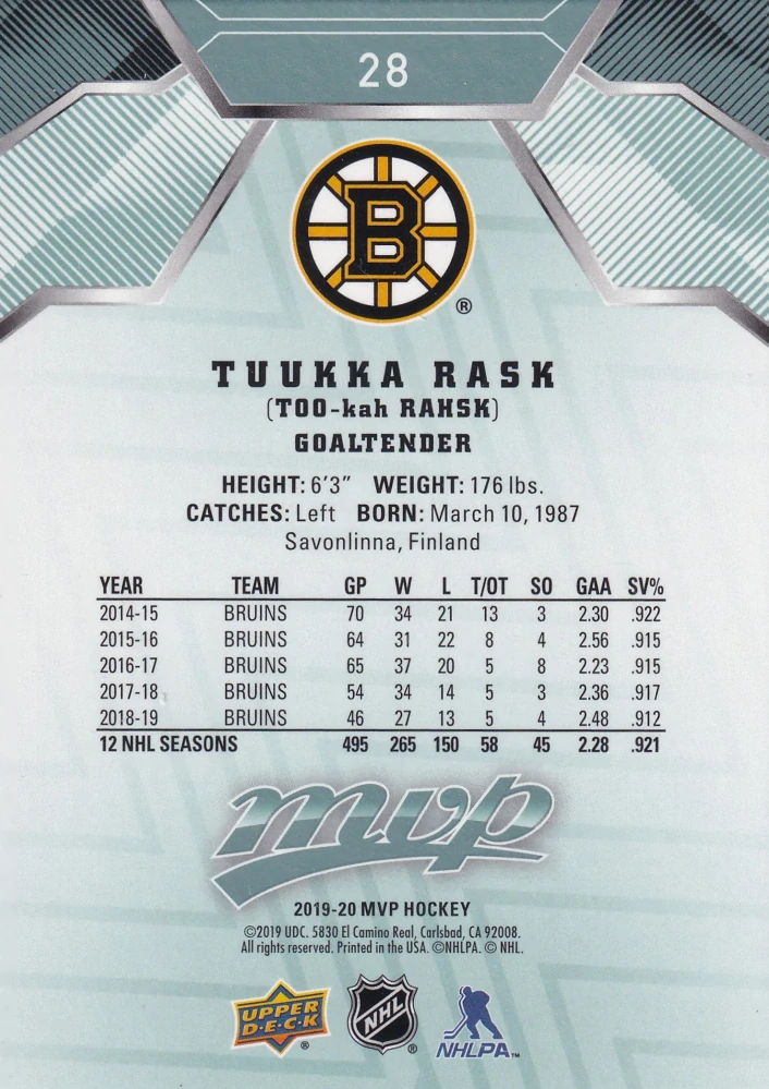 2019-20 UD MVP - Tuukka Rask #28