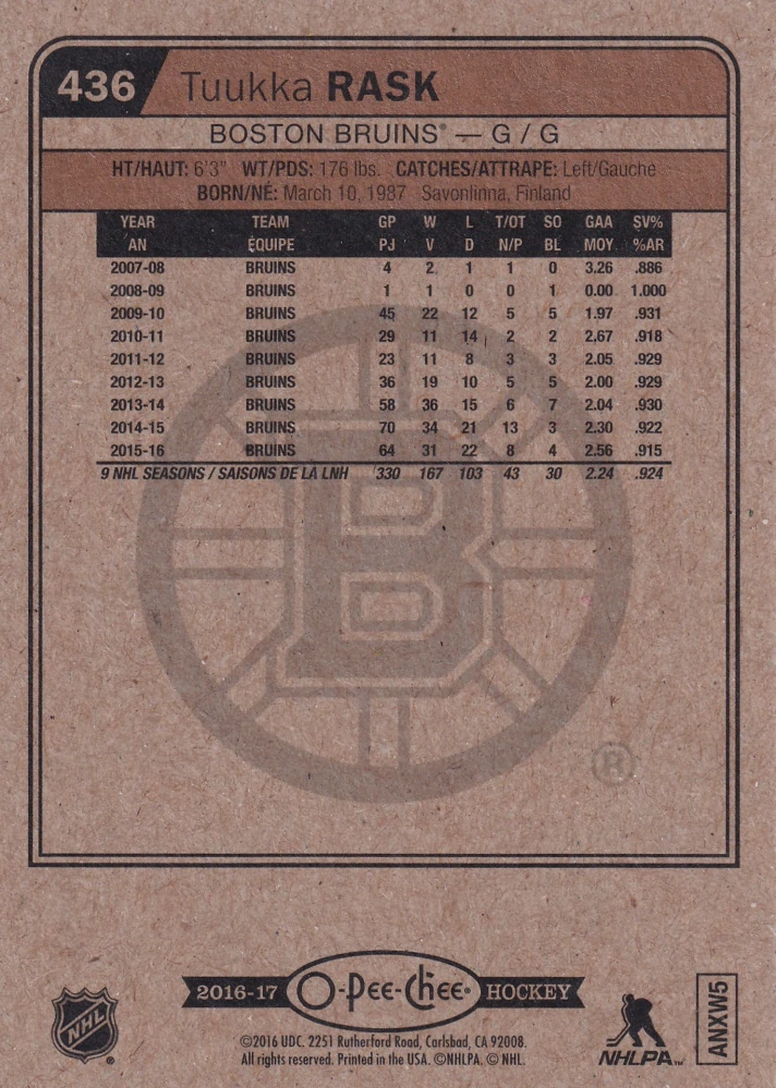 2016-17 UD O-Pee-Chee - Tuukka Rask #436