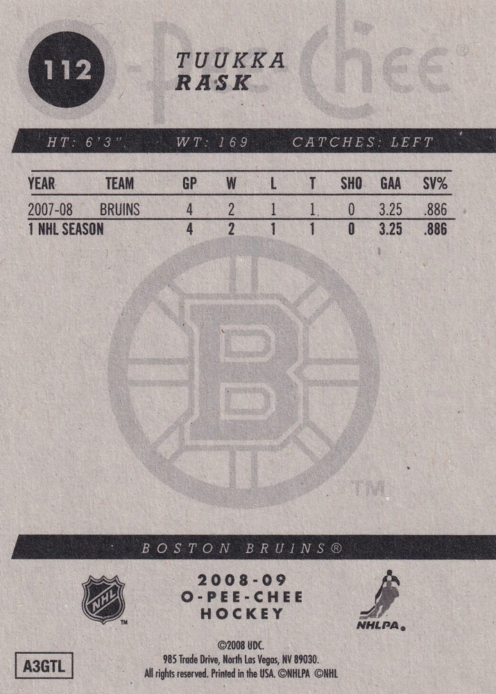 2008-09 UD O-Pee-Chee - Tuukka Rask #112