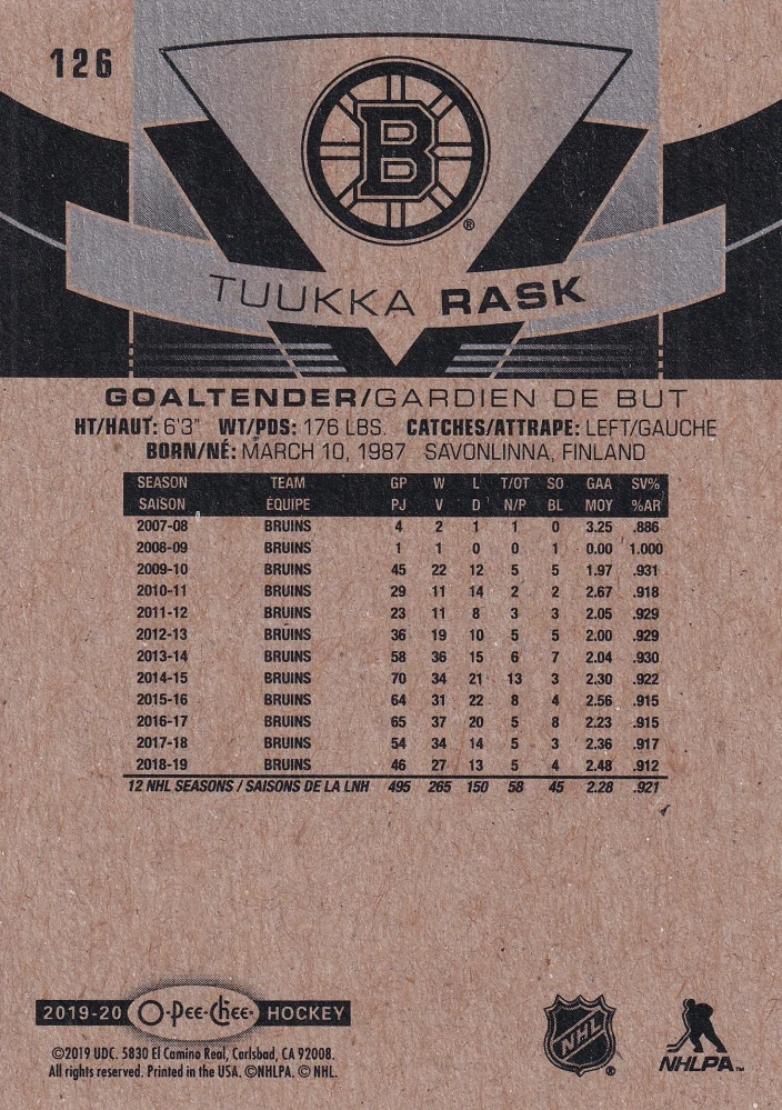 2019-20 UD O-Pee-Chee - Tuukka Rask #126