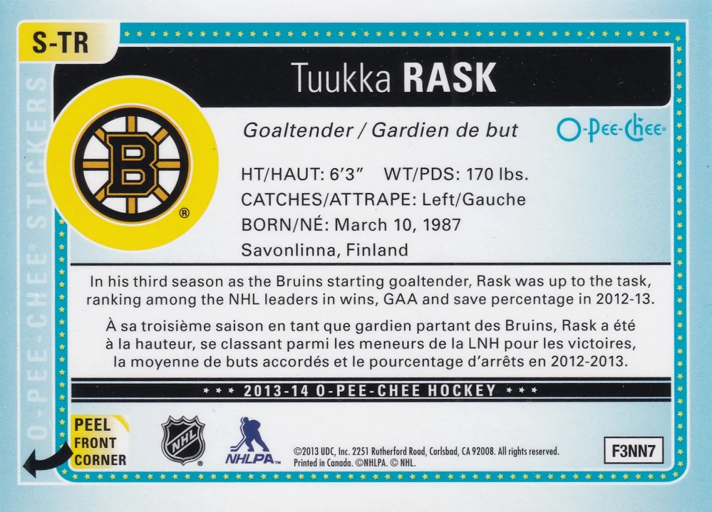 2013-14 UD O-Pee-Chee - Tuukka Rask - Stickers #S-TR