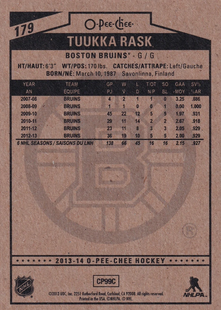 2013-14 UD O-Pee-Chee - Tuukka Rask #179
