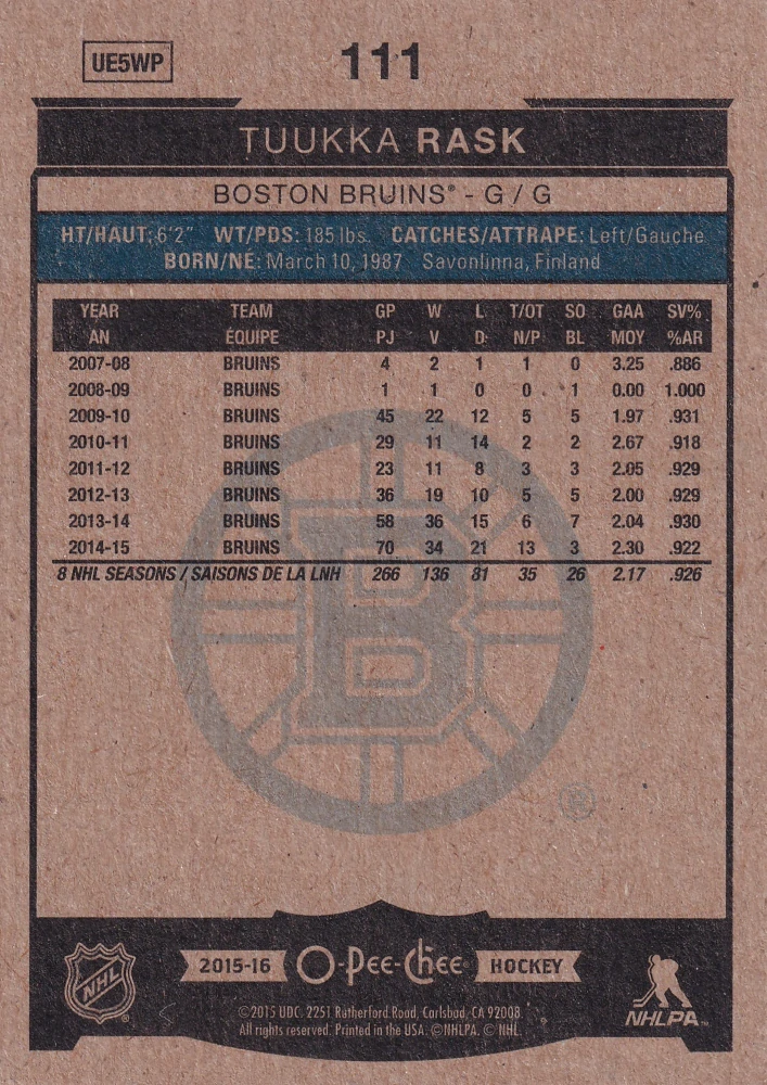 2015-16 UD O-Pee-Chee - Tuukka Rask #111