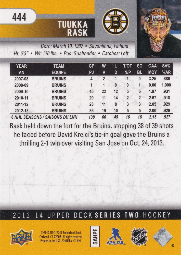 2013-14 UD Series 2 - Tuukka Rask #444
