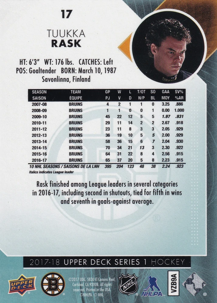 2017-18 UD Series 1 - Tuukka Rask #17