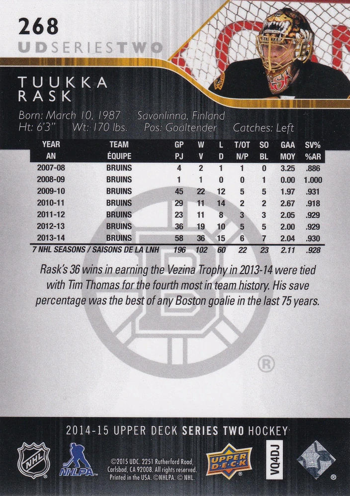 2014-15 UD Series 2 - Tuukka Rask #268