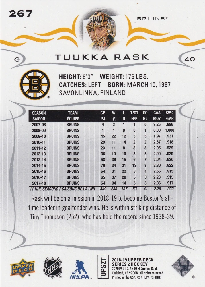 2018-19 UD Series 2 - Tuukka Rask #267