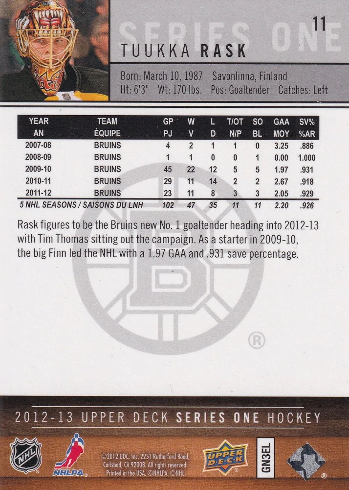 2012-13 UD Series 1 - Tuukka Rask #11