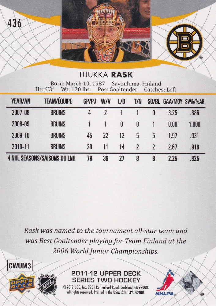 2011-12 UD Series 2 - Tuukka Rask #436