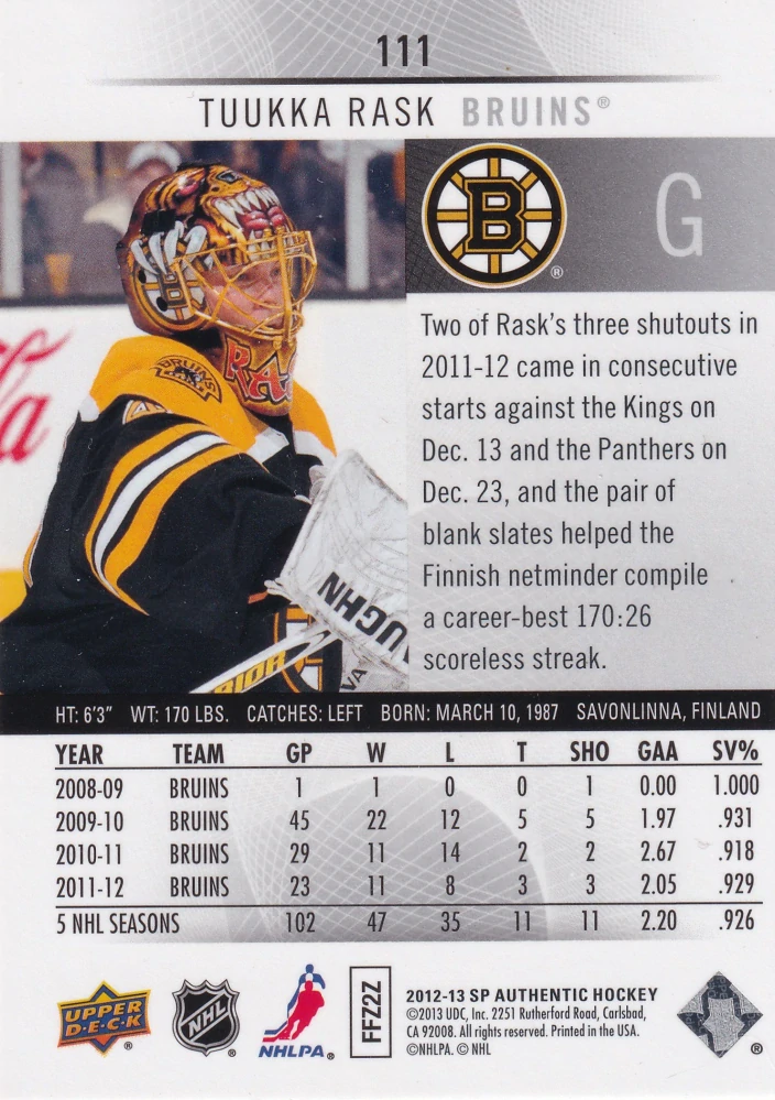 2012-13 UD SP Authentic - Tuukka Rask #111