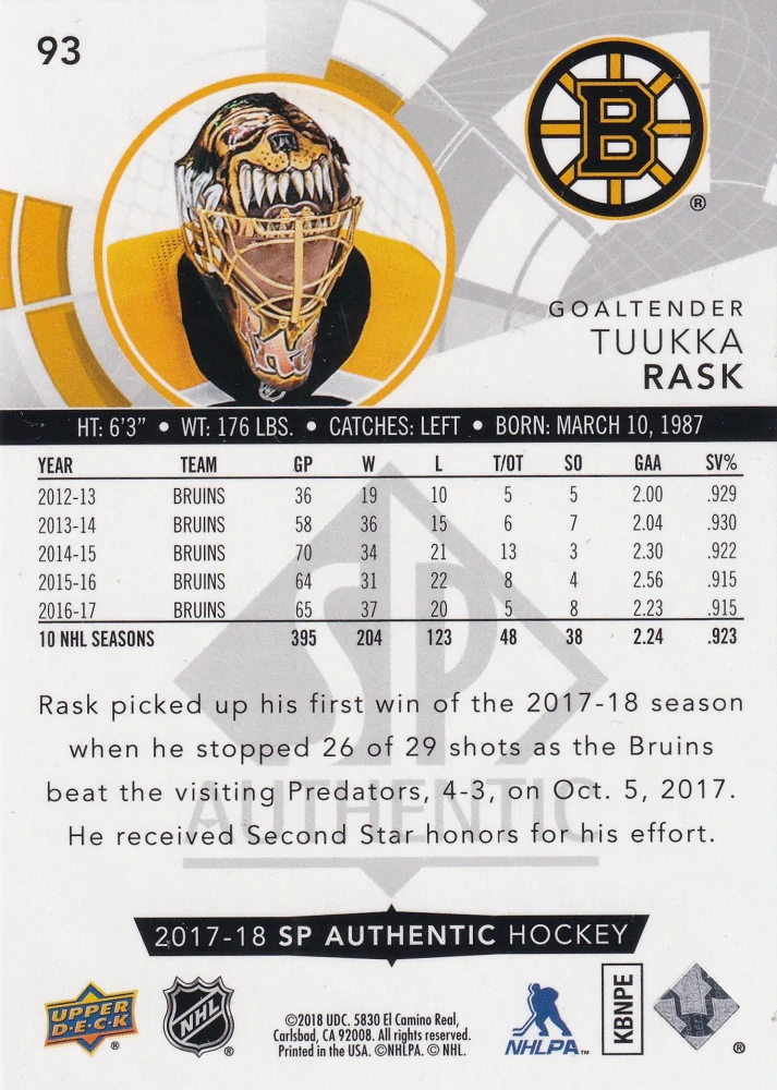 2017-18 UD SP Authentic - Tuukka Rask #93