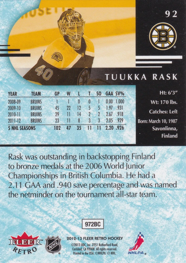 2012-13 Fleer Retro - Tuukka Rask #92
