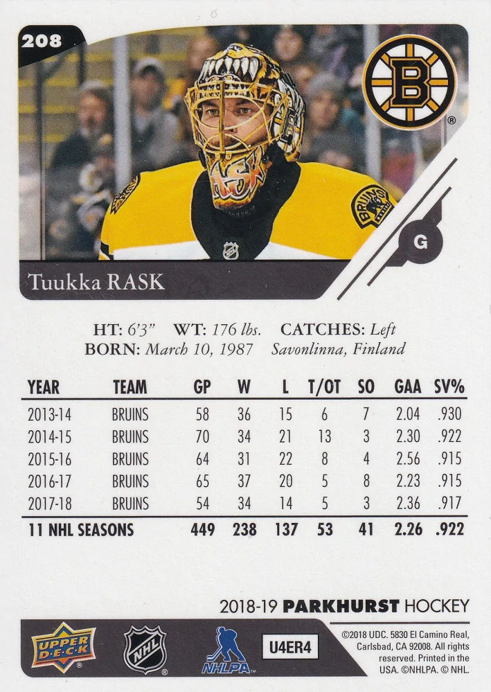 2018-19 UD Parkhurst - Tuukka Rask #208