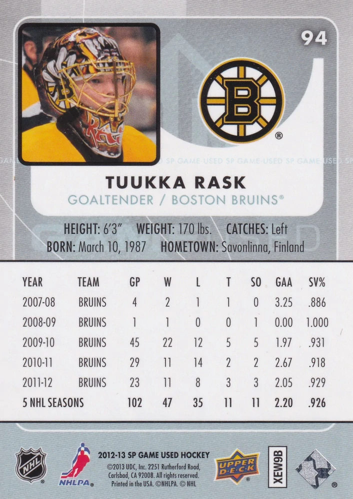2012-13 UD SP Game Used - Tuukka Rask #94